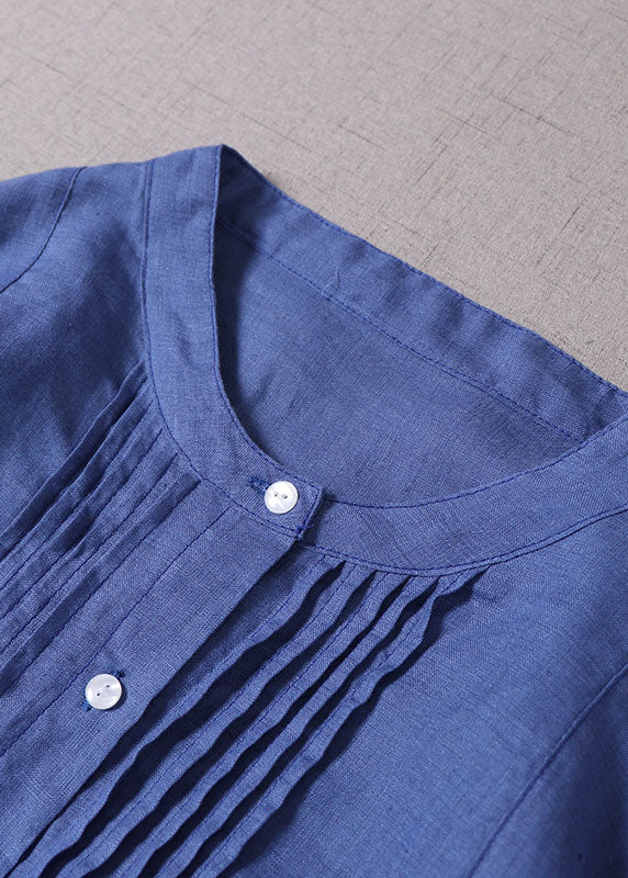 Blue Button Wrinkled Linen Dresses Long Sleeve