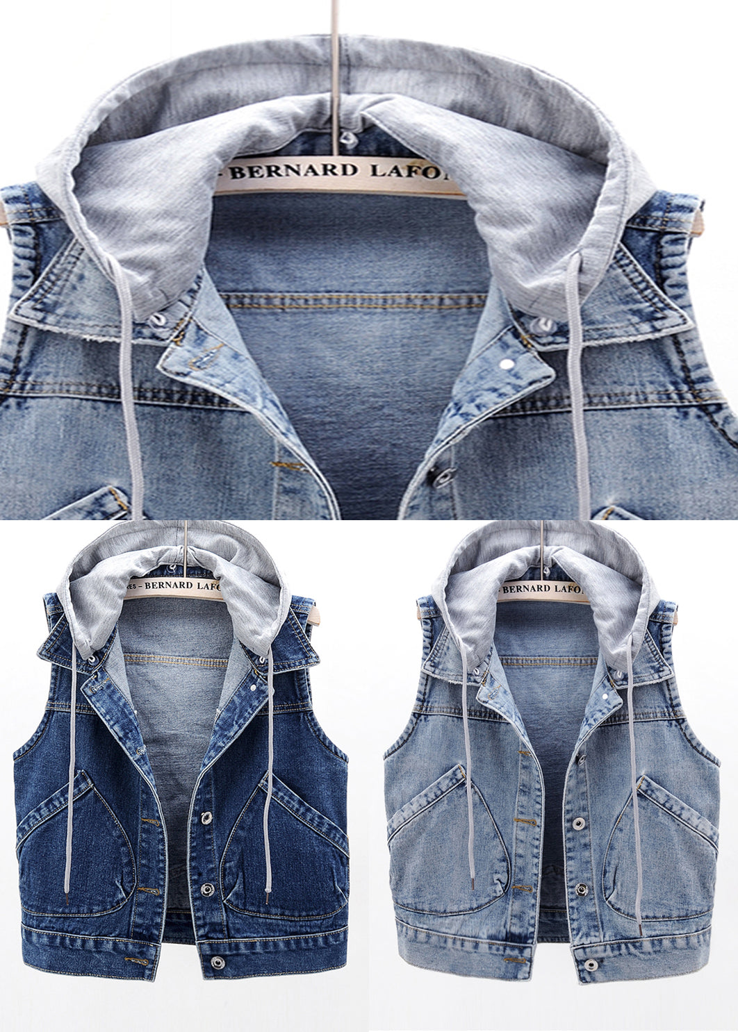 Light Blue Patchwork Pockets Hooded Denim Waistcoat Sleeveless