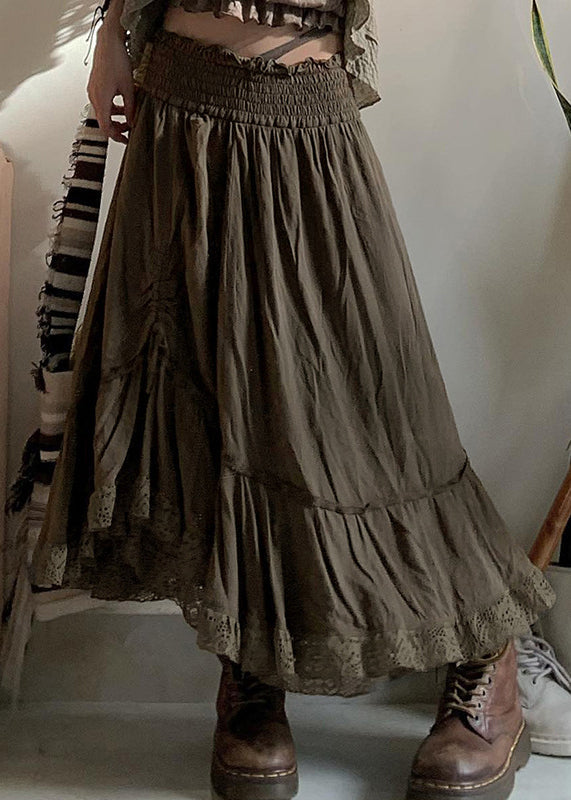 Army Green Ruffled Cinched Elastic Waist Cotton Skirts Fall