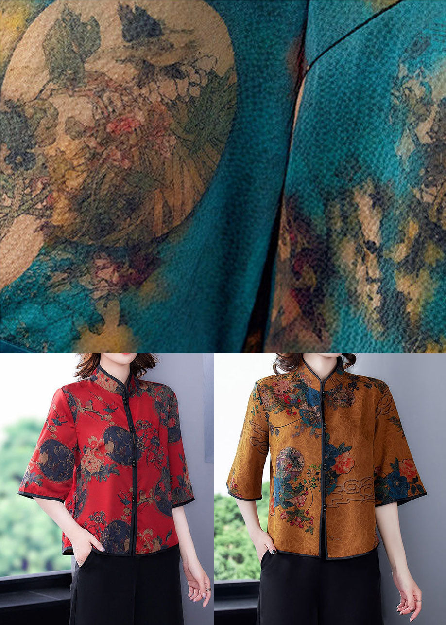 Red Mandarin Collar Button Silk Shirt Half Sleeve