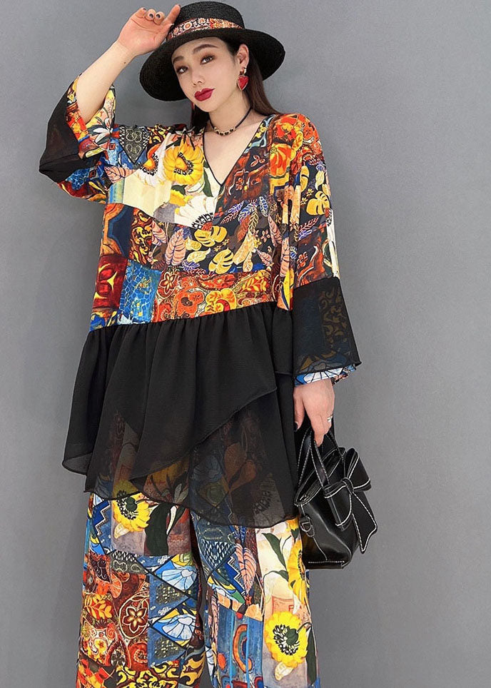 Colorblock Asymmetrical Print Tulle Patchwork Tops and Pants Two Piece Set Clothing Long Sleeve