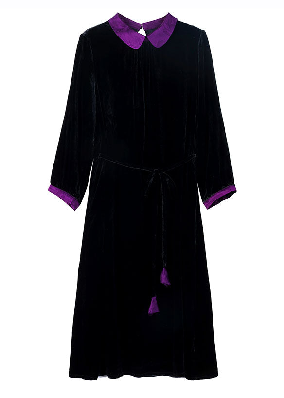 Black Peter Pan Collar Patchwork Silk Velour Maxi Dresses Long Sleeve