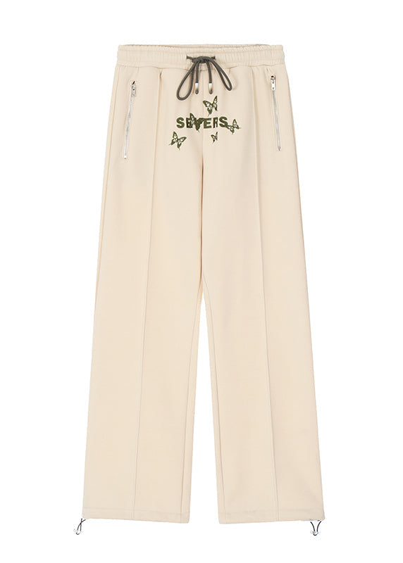 Apricot Butterfly Embroideried Warm Fleece Wide Leg Pants Spring