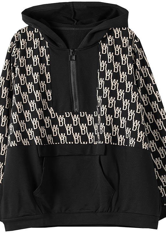 Black Print Tunics for Hooded Pockets Spring Tops