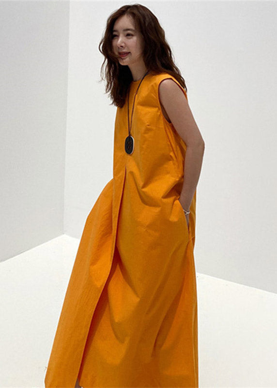Orange O-neck Asymmetrical Pockets Cotton Long Dresses Sleeveless
