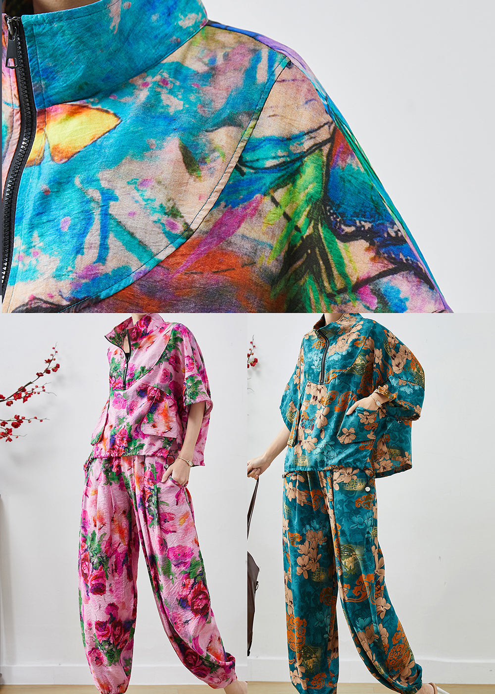 Sea Blue Zip Up Print Chiffon Two Pieces Set Summer