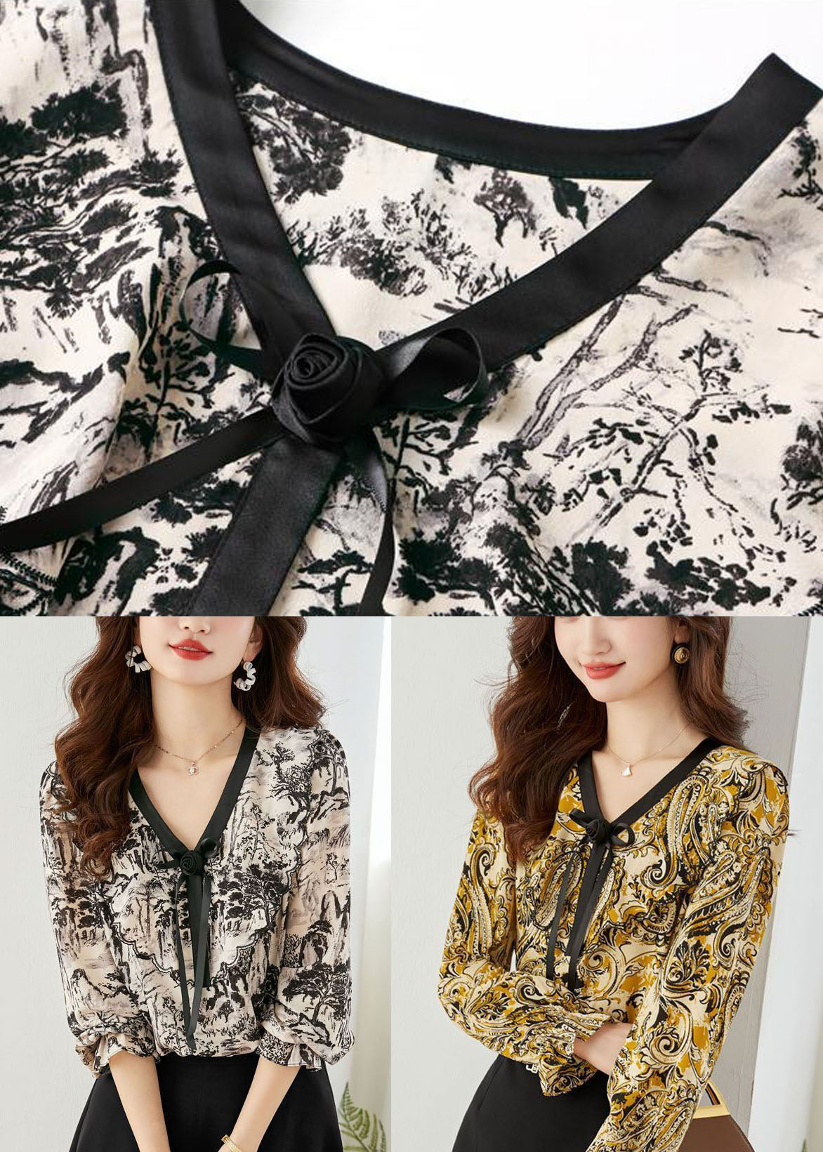 Yellow Print Chiffon Blouse Tops V Neck Lantern Sleeve