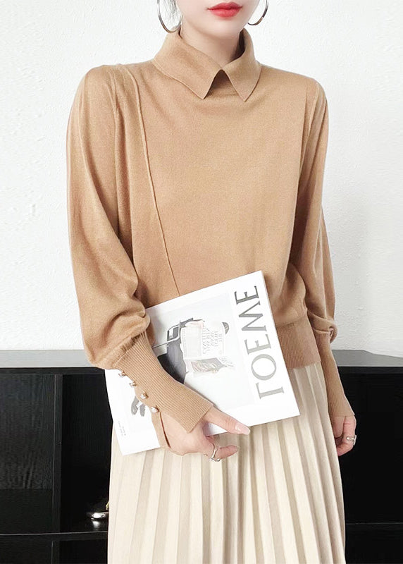 Camel Peter Pan Collar Woolen Knit Sweater Long Sleeve