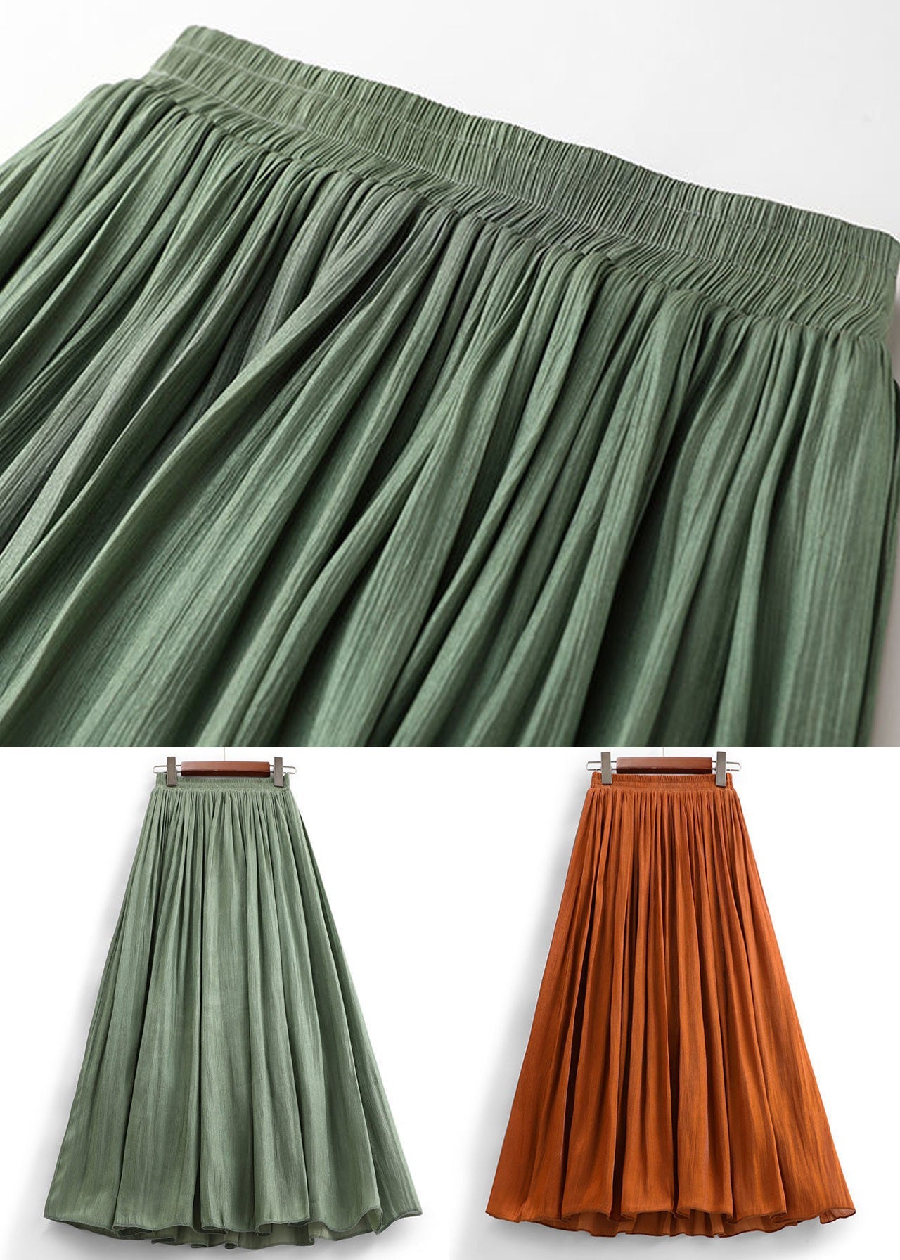 Simple Green Elastic Waist Cotton Skirt Summer