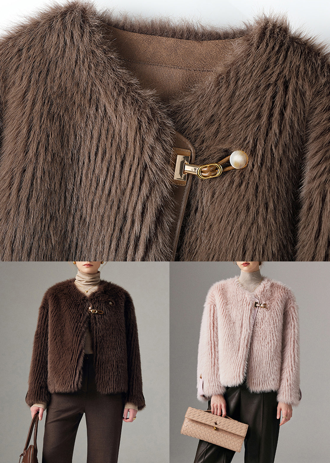 Chocolate O Neck Button Leather and Fur Coats Winter