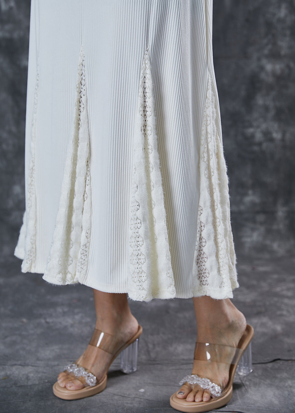 French White Stand Collar Patchwork Lace Knit Ankle Dress Spring