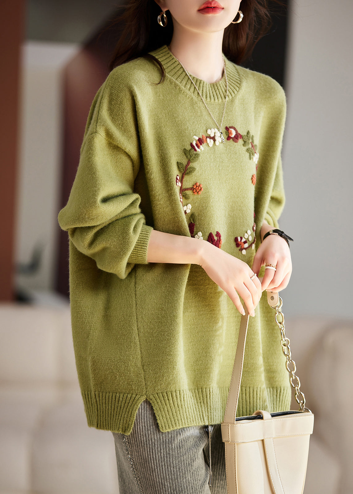 Art Grass Green Embroideried Thick Knit Sweater Tops Winter