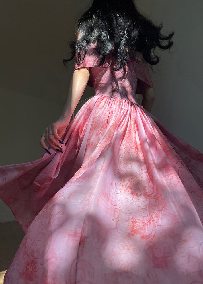 Pink Slash Neck Wrinkled Print Silk Dress Summer