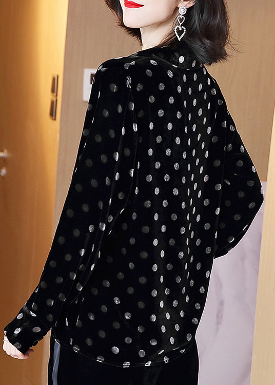 Diy Black V Neck Dot Print Button Velour Shirts Long Sleeve