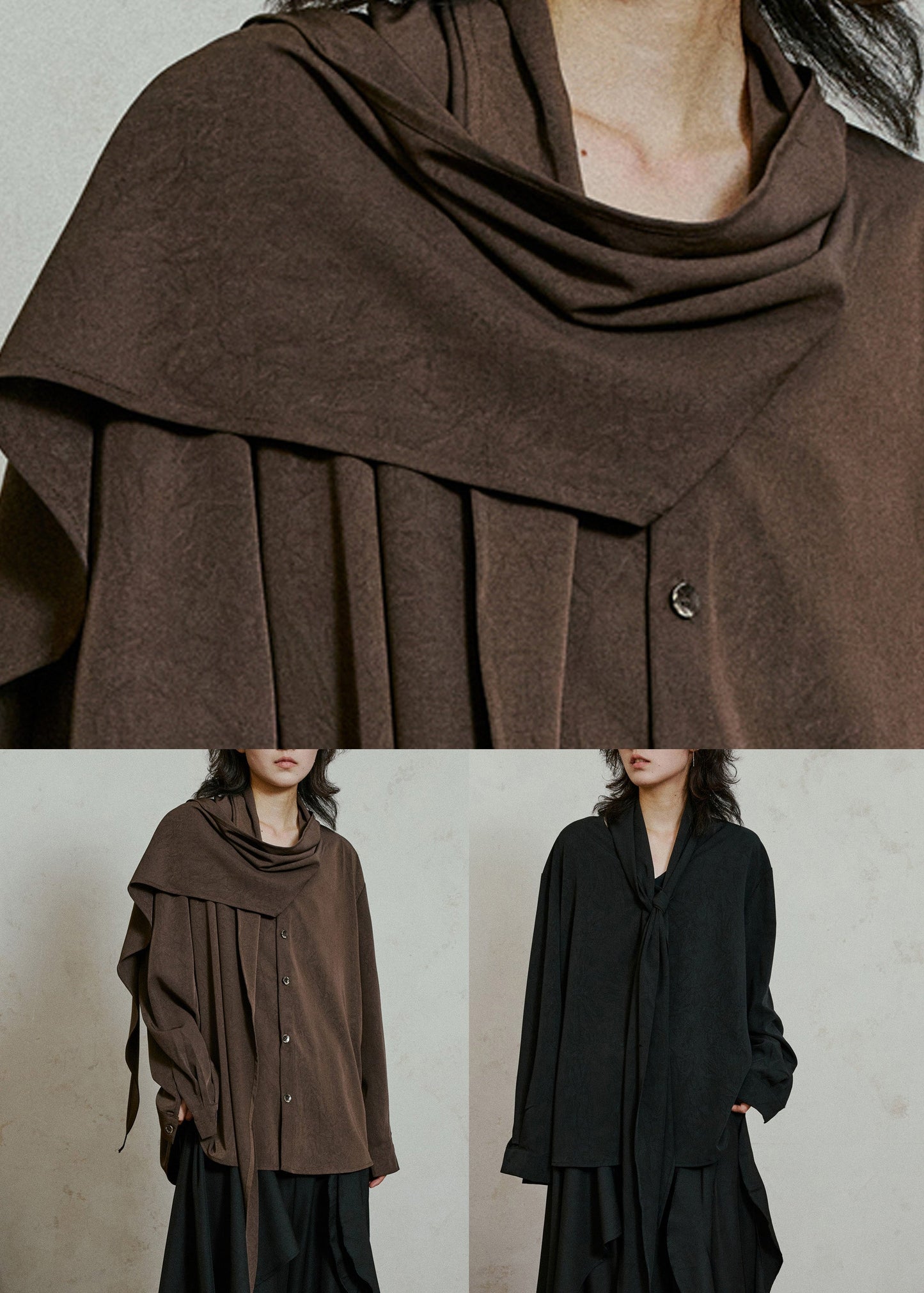 Coffee Wrinkled Button Top Lantern Sleeve