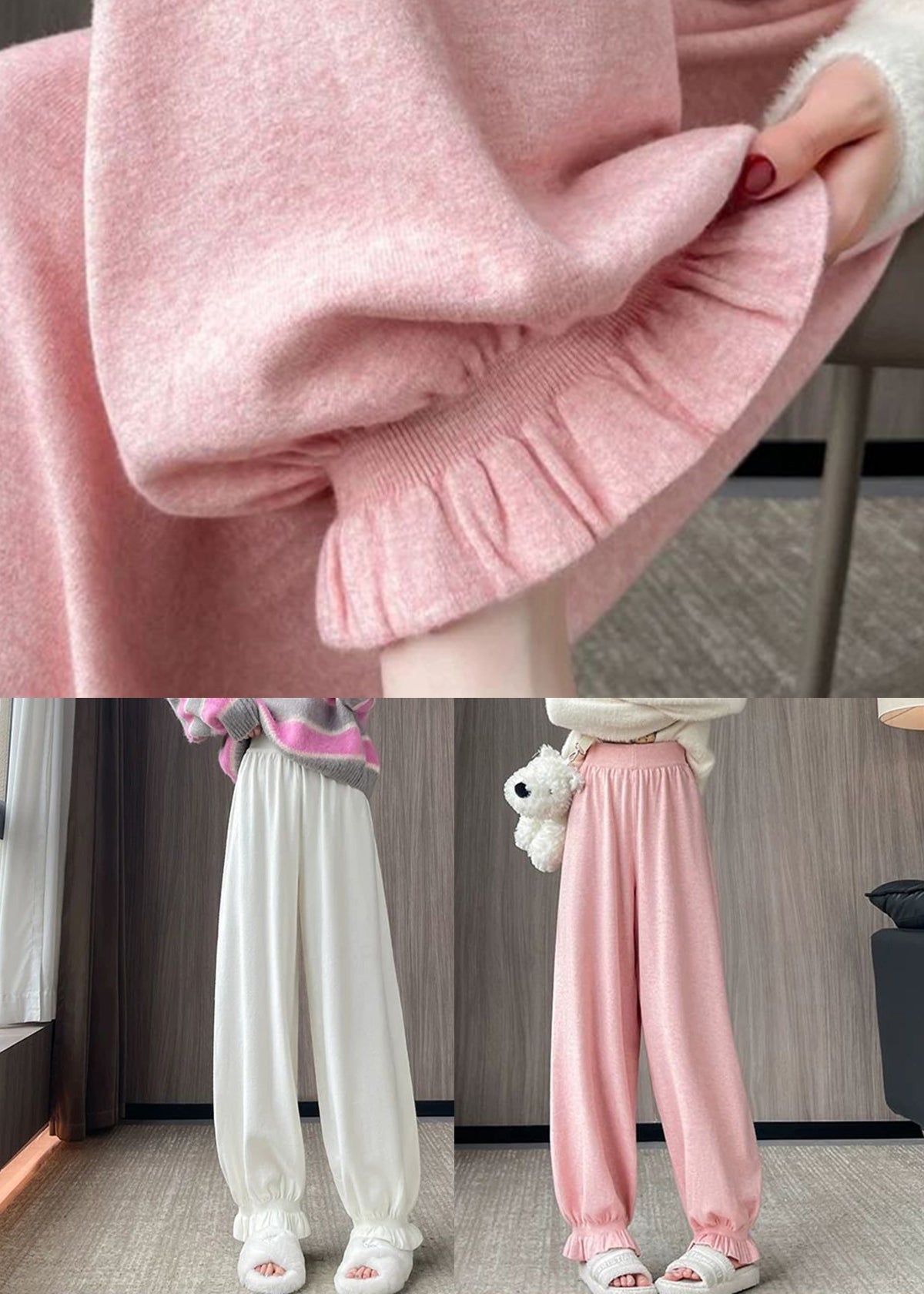 Oatmeal Elastic Waist Color Beam Pants