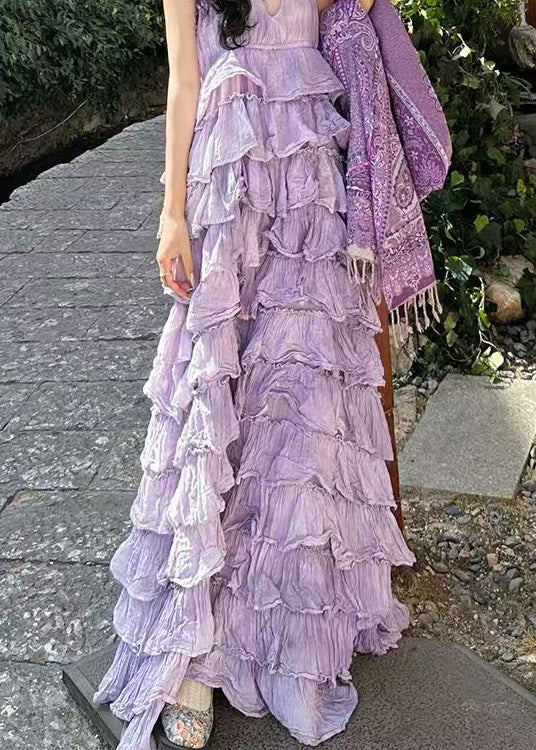 Purple V Neck Backless Cotton Maxi Dresses Sleeveless