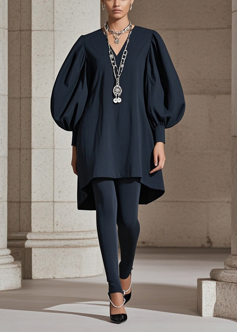 Black Puff Sleeve Cotton Work Dress Fall