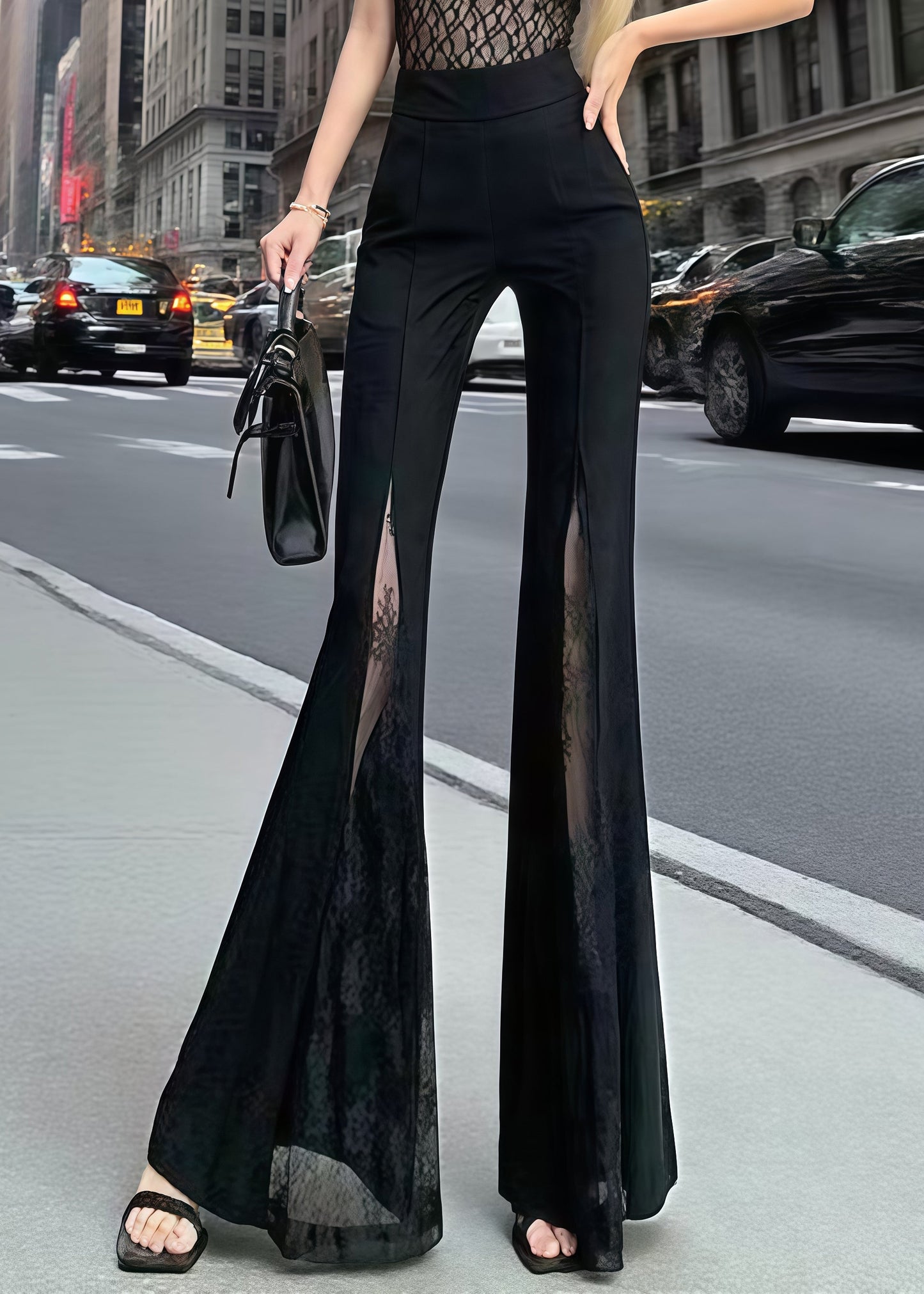 Diy Black High Waist Patchwork Lace Bell-bottom Trousers Summer