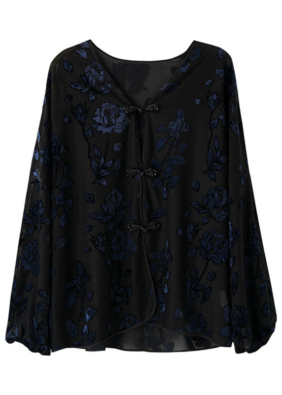 Black V Neck Embroideried Velour Shirt Fall