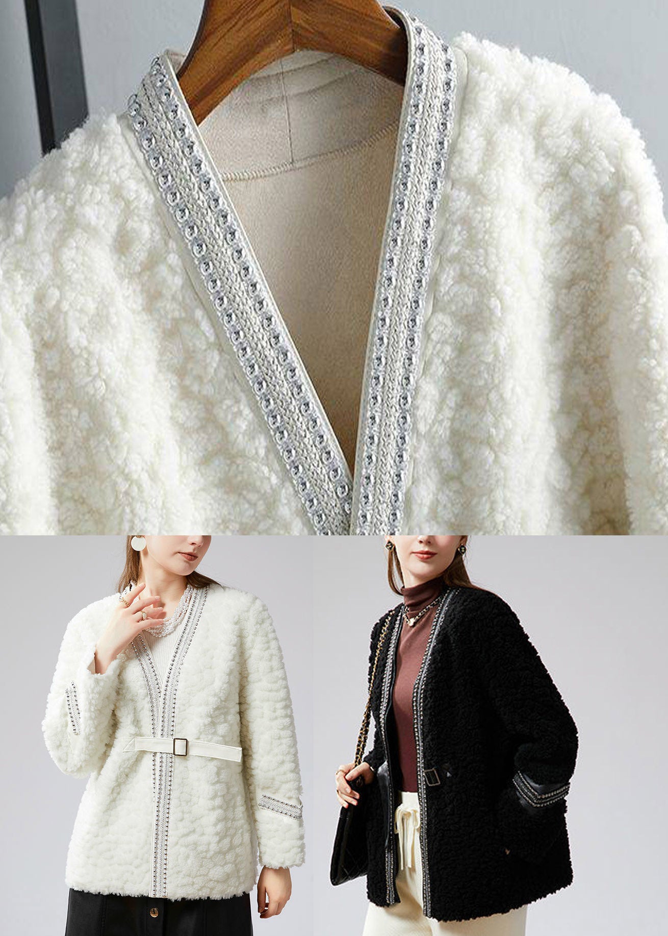 Black V Neck Patchwork Sashes Faux Fur Coat Winter