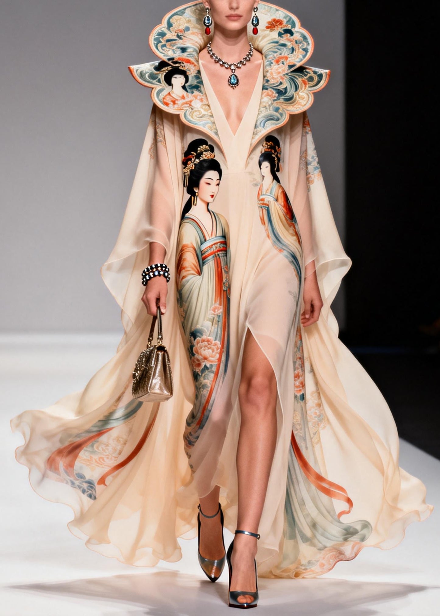 Original Design Apricot Peter Pan Collar Print Chiffon Maxi Dresses Summer