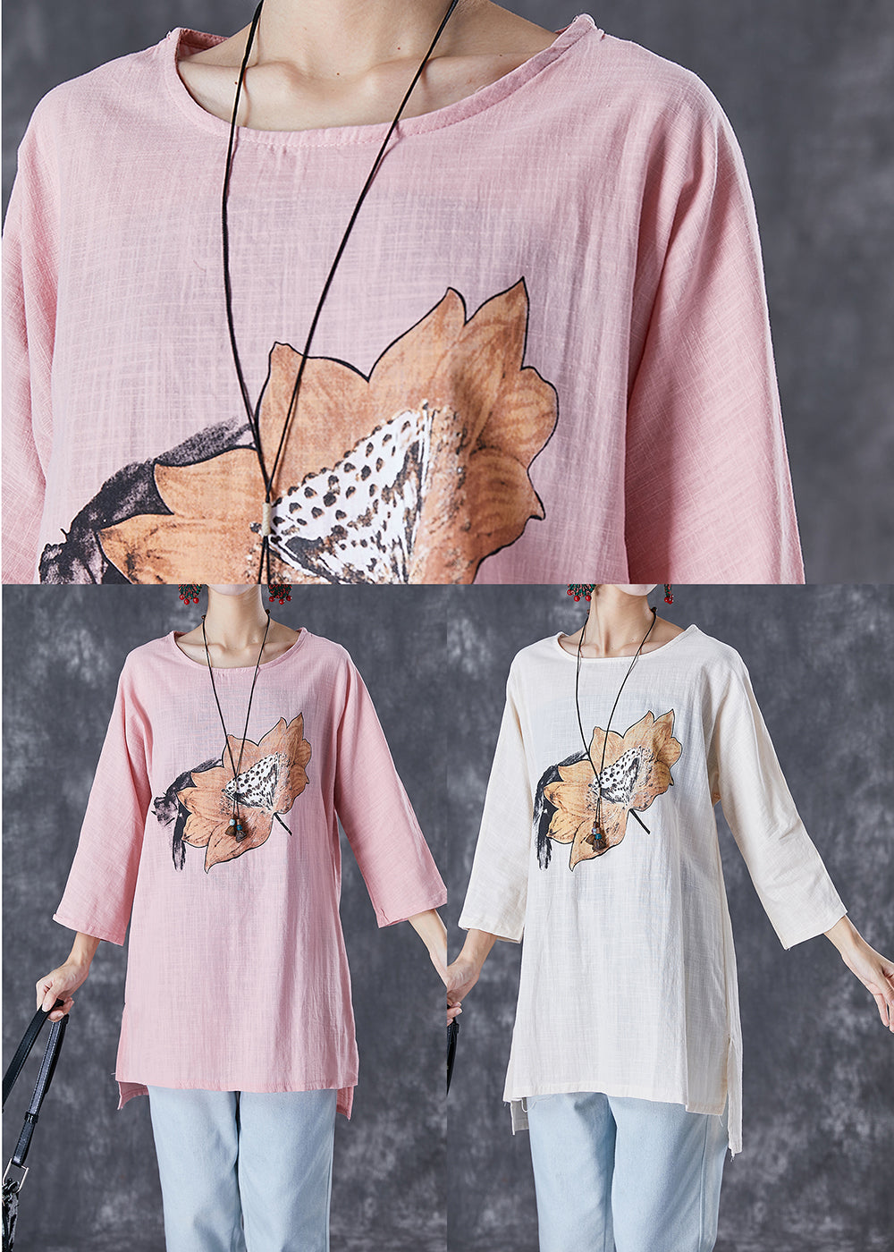 Pink Asymmetrical Print Linen Blouse Tops Fall