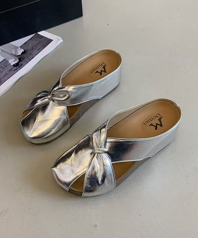 New Champagne Faux Leather Wedge Heels Slide Sandals