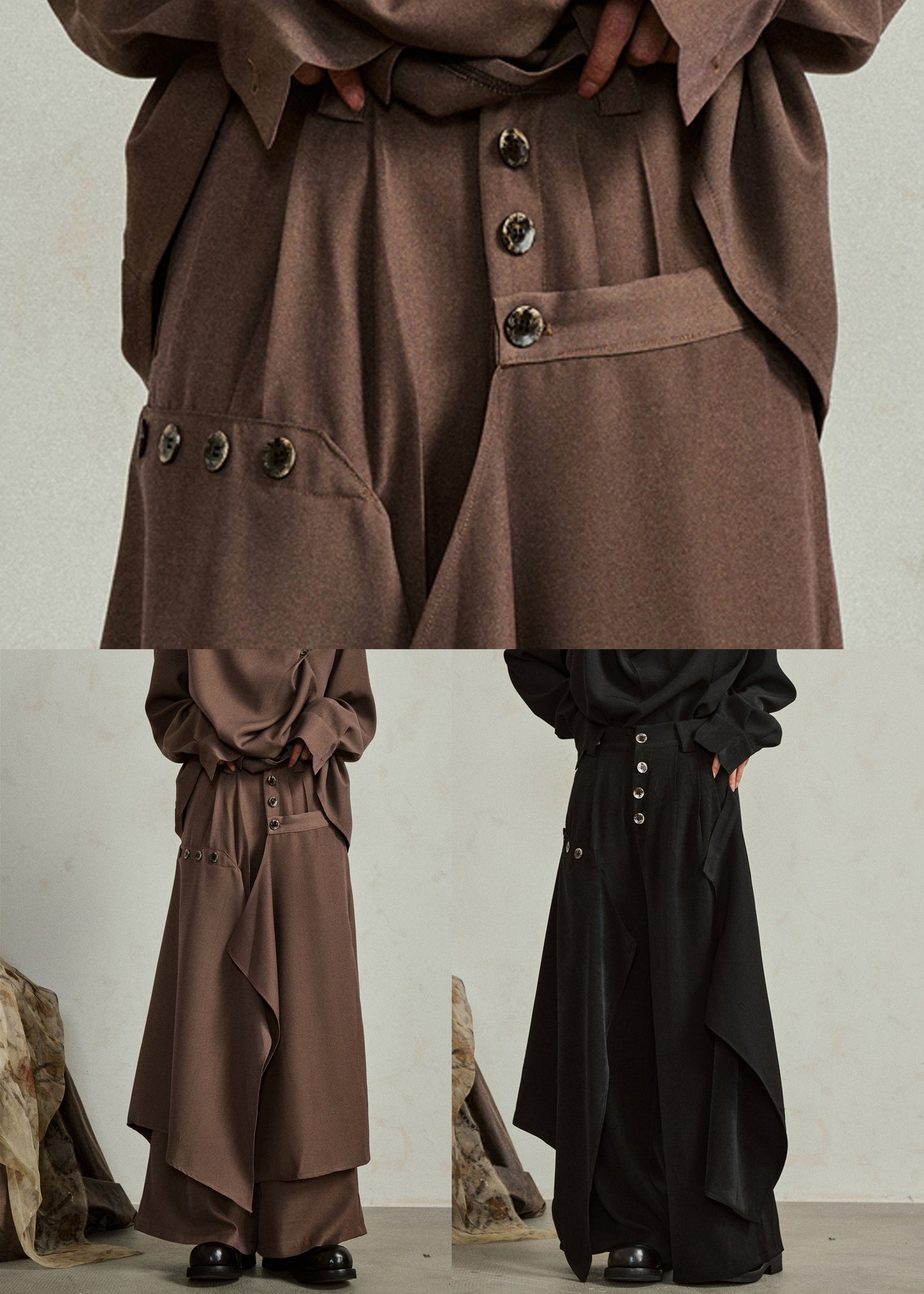 Coffee Pockets High Waist Cotton Pants Skirt Asymmetrical
