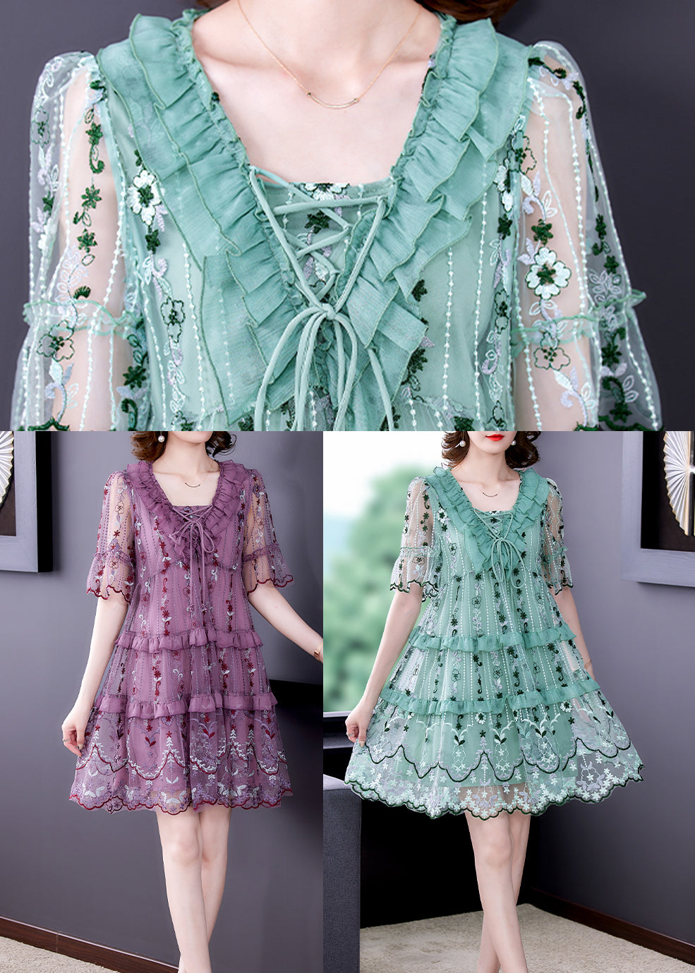 Stylish Purple V Neck Patchwork Lace Up Tulle a Line Dress Short Sleeve