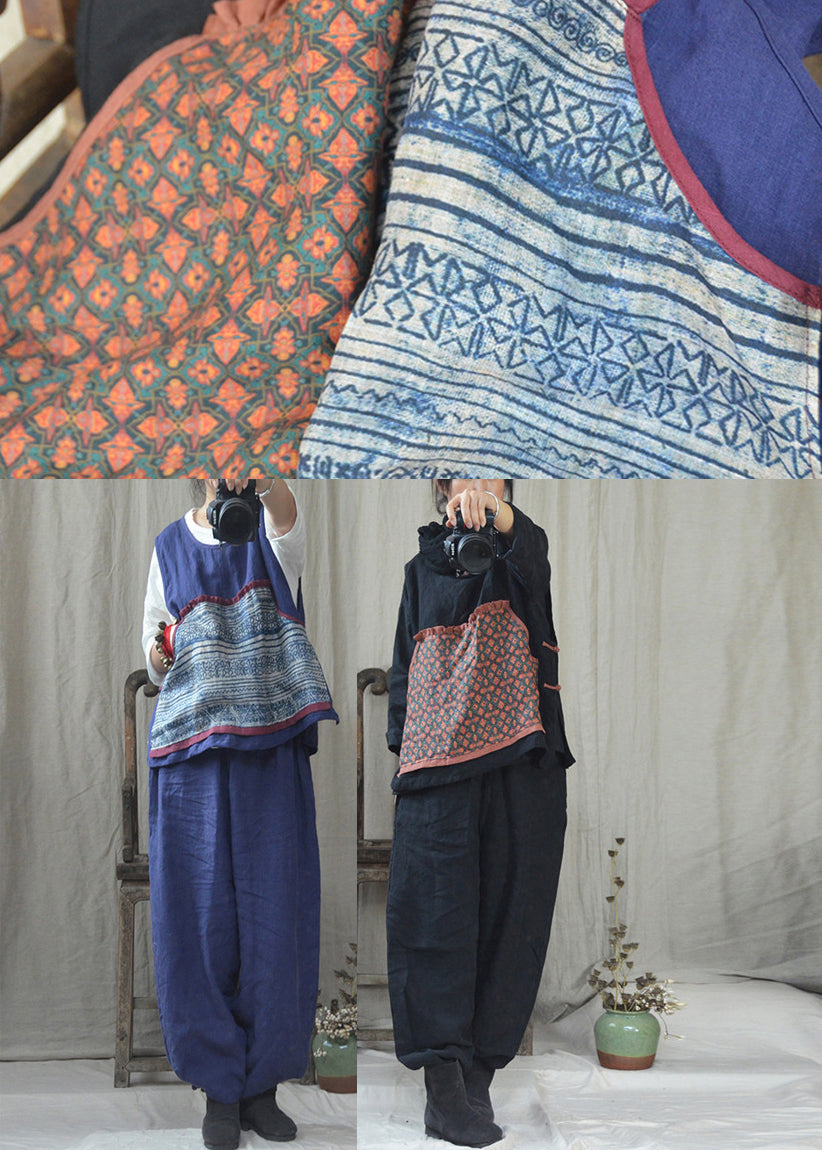 Blue O-neck Patchwork Linen Tank Top Fall