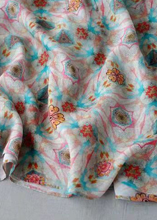 Modern Peter Pan Collar Drawstring Button Print Linen Dress Three Quarter Sleeve