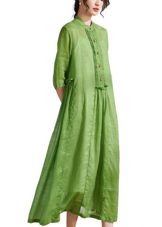 Art Green Ruffled Button Summer Ramie Party Dresses Half Sleeve