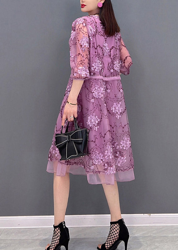 Purple O-neck Print Tie Waist Tulle Patchwork Chiffon Dresses Three Quarter Sleeve