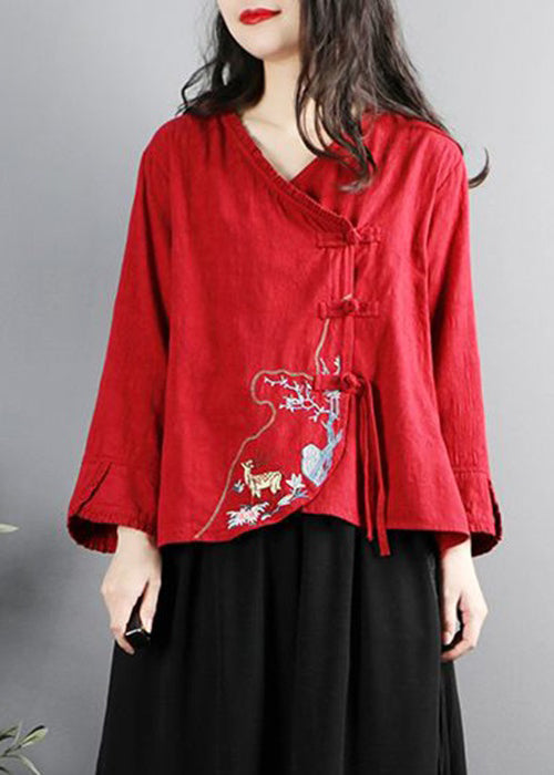 Red Embroidered Button Cotton Shirt Long Sleeve