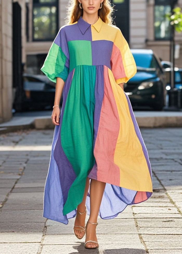 Colorblock Asymmetrical Patchwork Cotton Long Dresses Fall