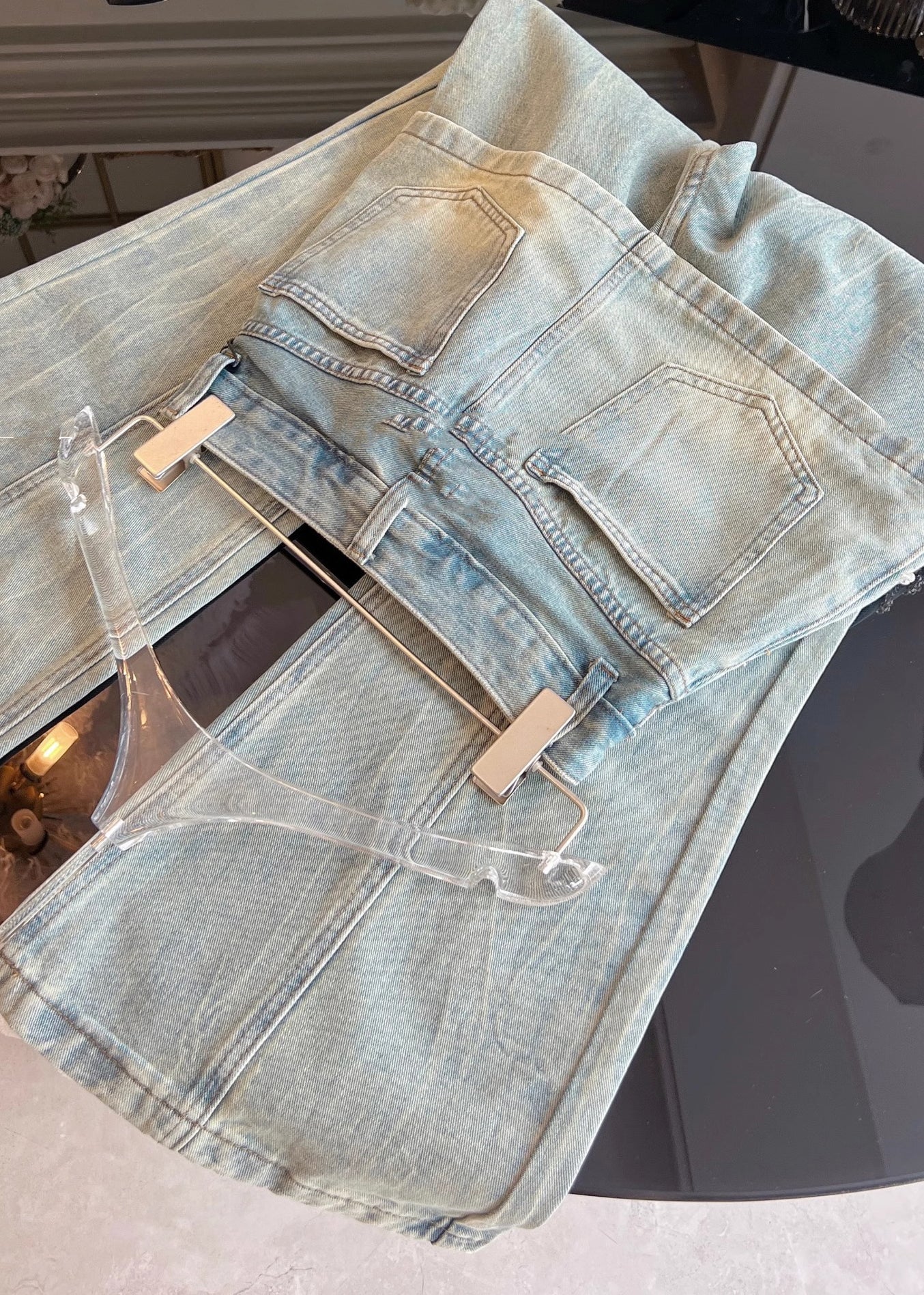 Blue Pockets False Two Pieces Patchwork Denim Pants Fall