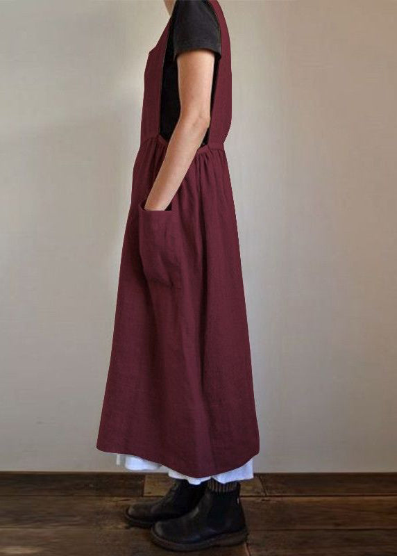 Handmade Black U Necku Neck Patchwork Pockets Cotton Maxi Dresses Summer