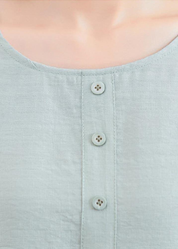 Light Green Asymmetrical Design Long Sleeve Cotton Linen Summer Blouses