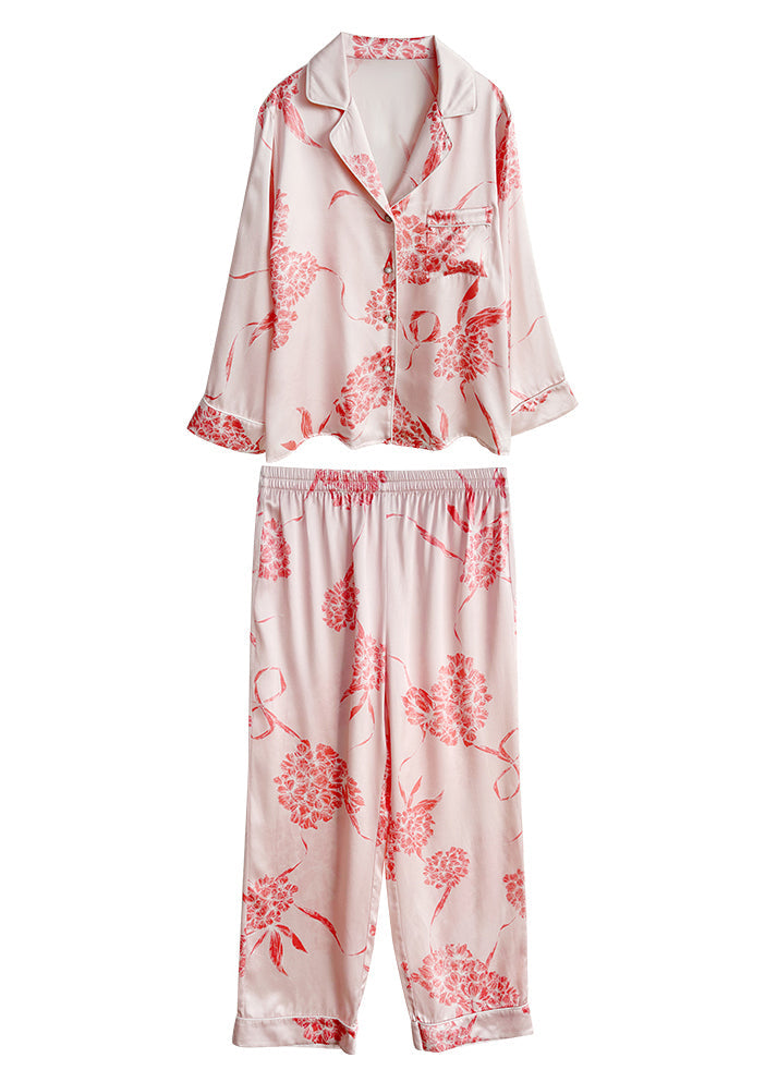 Pink Print Silk Shirts and Straight Pants Two Pieces Set Long Sleeve