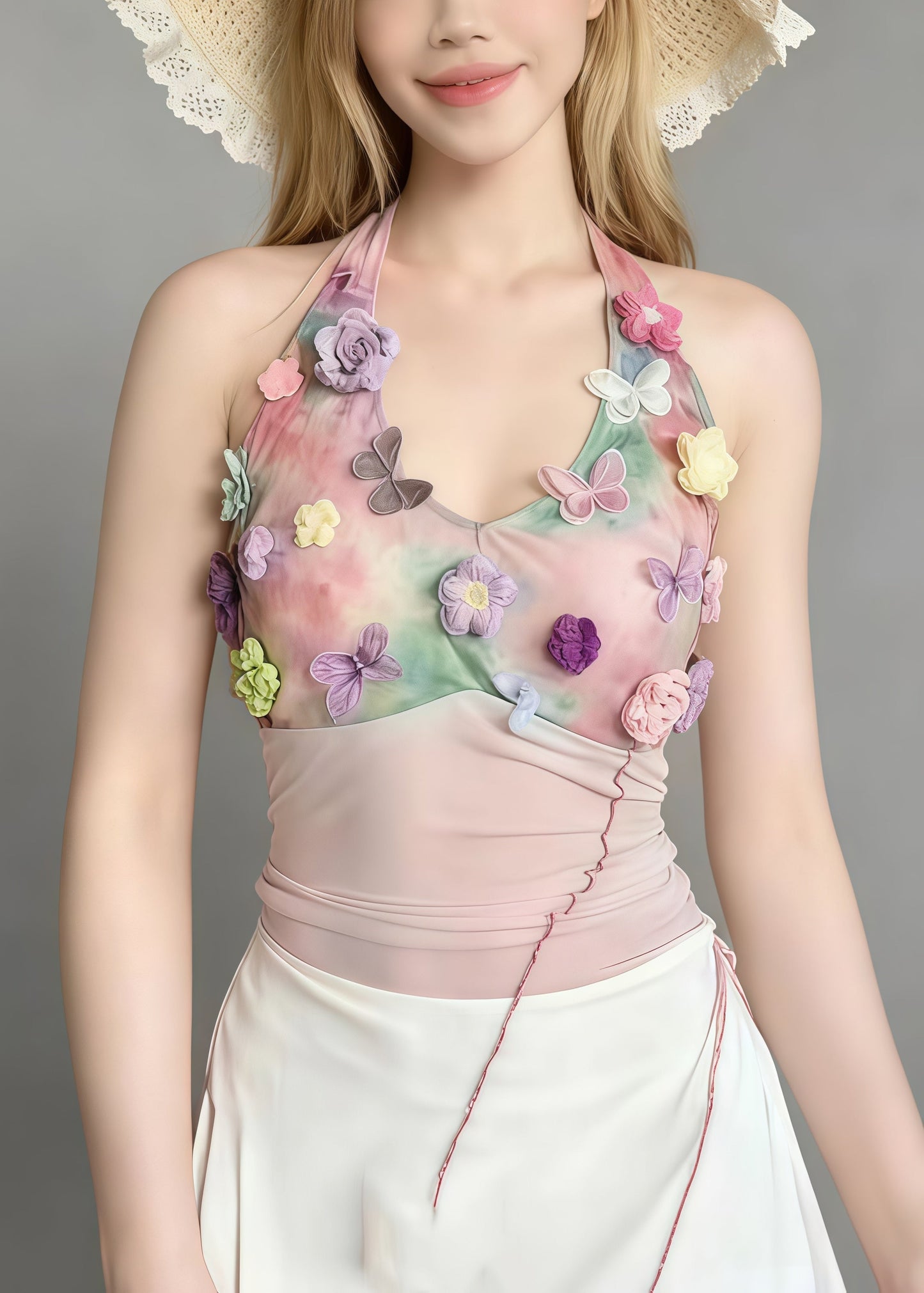 Pink Tie Dye Butterfly Decorated Beach Vest Summer
