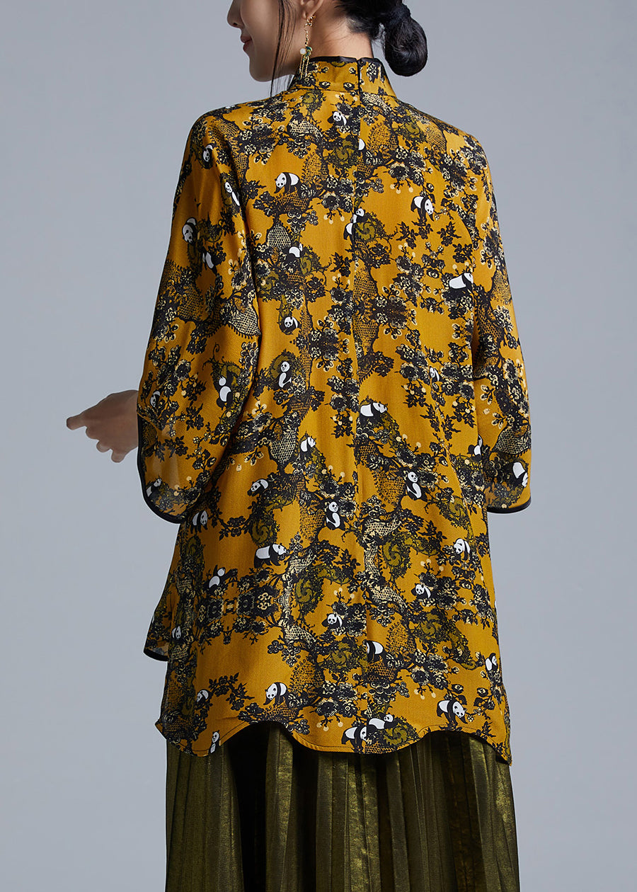 Yellow Stand Collar Button Low High Design Silk Shirts Spring