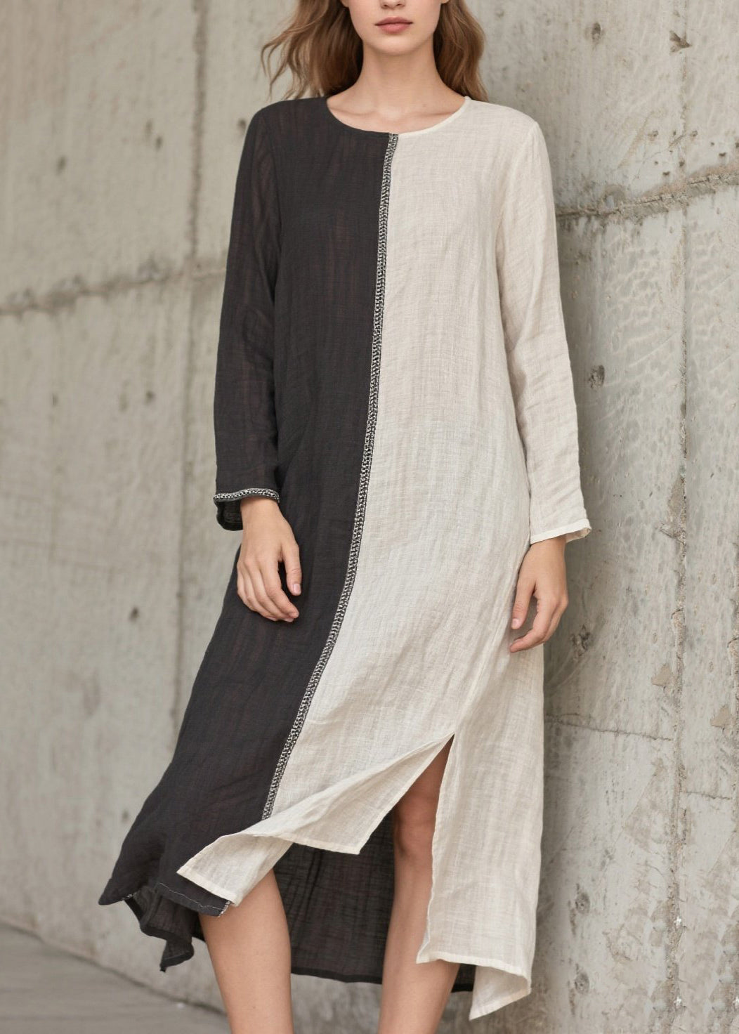 Grey Asymmetrical Patchwork Side Open Cotton Vacation Dresses Spring