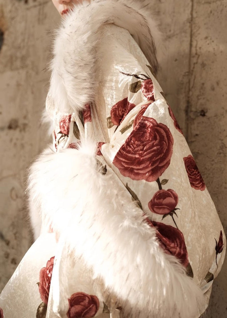 Autumn New Rose Print Fur Collar Silk Dress Two Piece Set