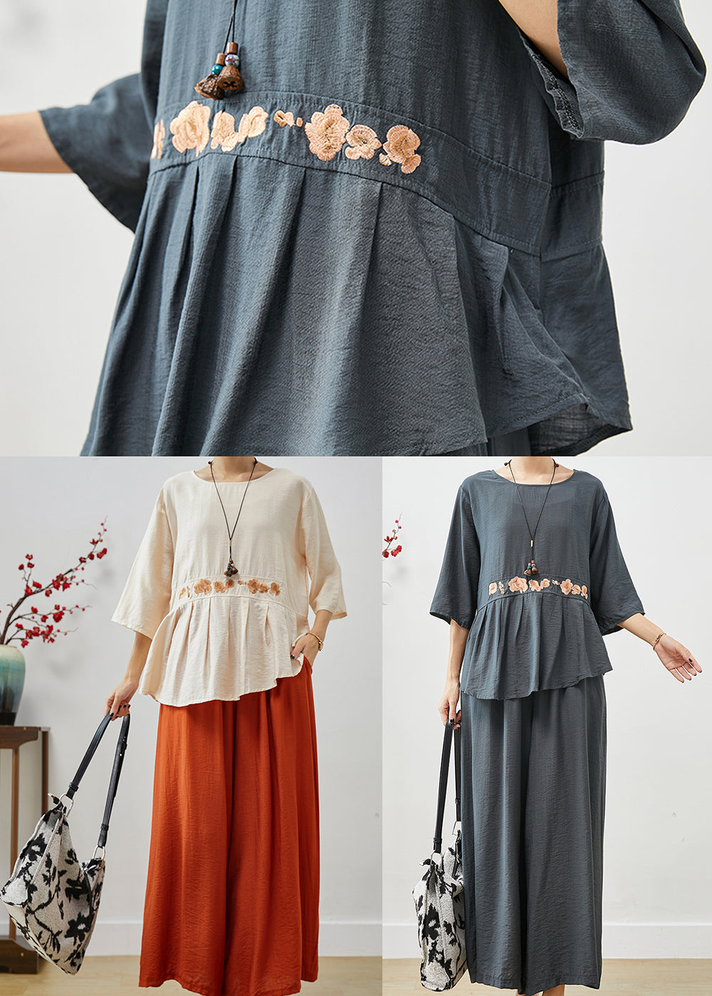 Blue Grey Cotton Two Piece Set Clothing Embroideried Fall