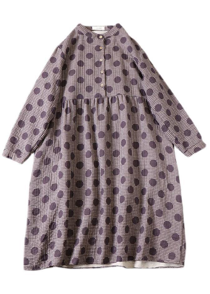 Purple Button Patchwork Pockets Fall Print Party Dress Long Sleeve