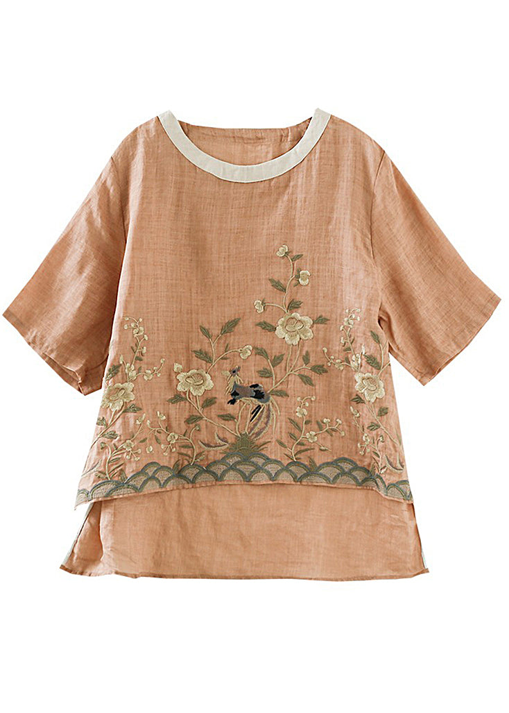 Orange Embroideried Linen Shirt Top Summer