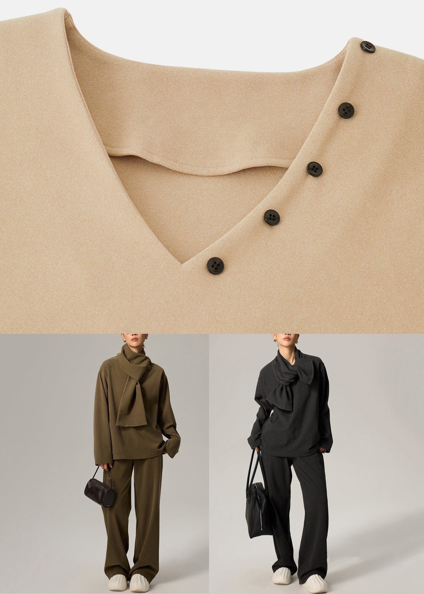 Green V Neck Elastic Waist Cotton Three Pieces Set Fall