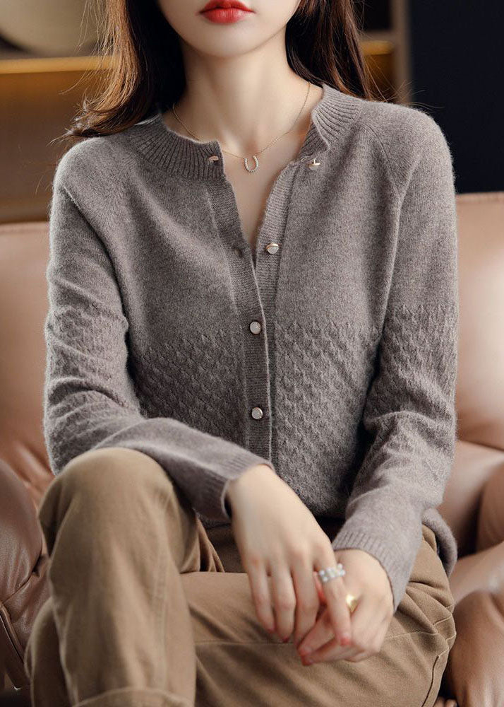 Dark Camel O-neck Button Slim Fit Knit Cardigan Winter