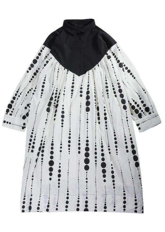 Black White Dot Circle Peter Pan Collar Cotton Long Sleeve Dress